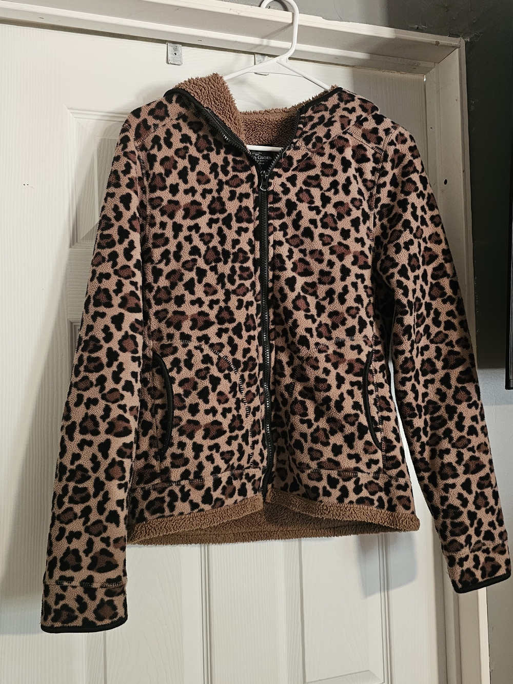 Leopard Print Sherpa Zip-Up Hoodie - Brown